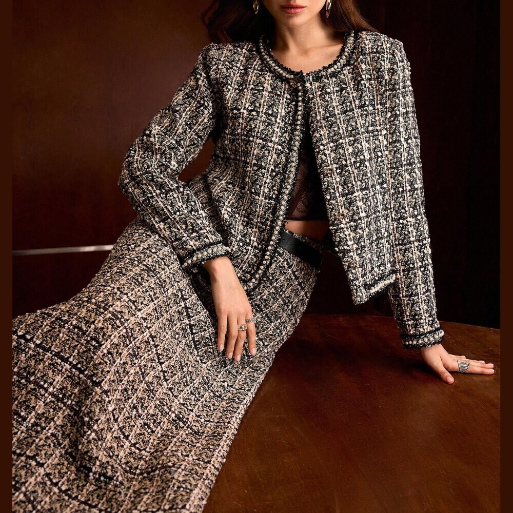 Black Cream Tweed Pearl Trim Collarless Short Jacket